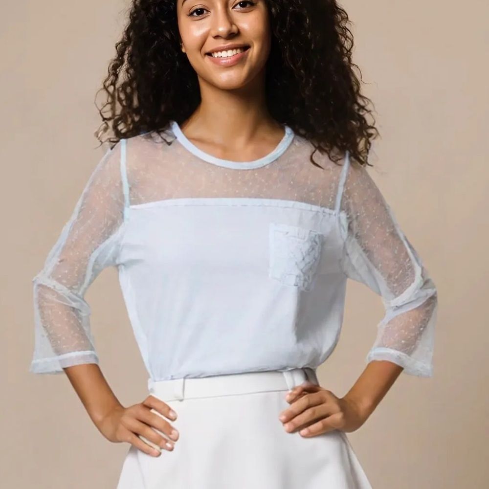 DKNY mesh top cotton tee shirt 3/4 sleeves Powder Blue color size Small